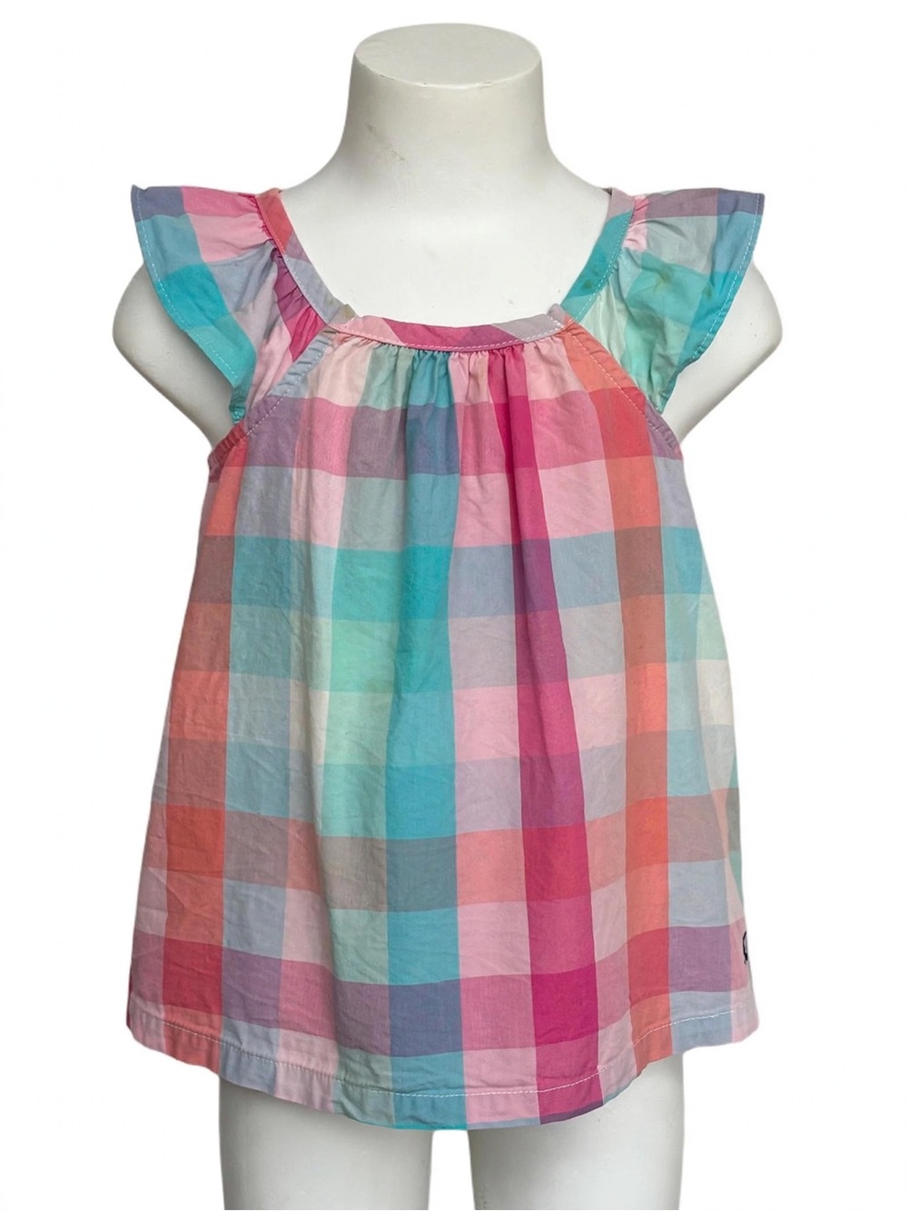 Nautica Girls Multicolor Plaid Flutter Sleeve Top - Pink, Teal, Coral, Cream